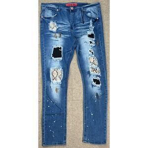 Demolition Snake Patches Distressed Men's Straight Leg Denim Jeans Size 40